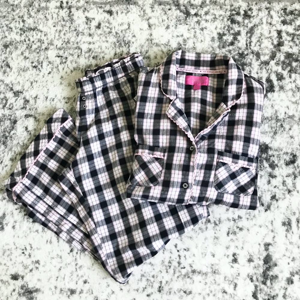Victoria’s Secret Cotton Plaid Pink Black Button Down Flannel Pajama Set Medium